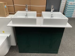 (COLLECTION ONLY) 2 X FLOOR STANDING 2 DOOR COUNTERTOP SINK UNITS IN DARK GREEN & WHITE 1220 X 520MM WITH 2 X CERAMIC VESSEL BASINS COMPLETE WITH 2 X WALL MOUNTED BASIN MIXERS IN CHROME WITH SPRUNG W