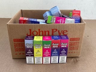 BOX OF ASSORTED JUCCE E-LIQUIDS IN ASSORTED FLAVOURS TO INCLUDE BUBBLEGUM MINT NIC SALTS (PLEASE NOTE: 18+YEARS ONLY. ID MAY BE REQUIRED): LOCATION - WA3