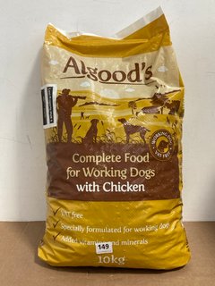 ALGOODS 10KG COMPLETE FOOD FOR WORKING DOGS IN CHICKEN FLAVOUR(NO BBE SHOWN): LOCATION - WA4