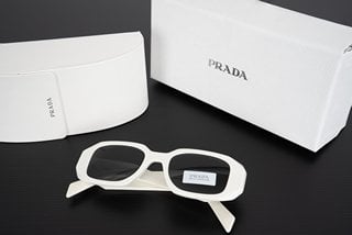 PRADA RECTANGLE FRAME ACETATE SUNGLASSES IN WHITE - MODEL SPR-17W - RRP £376: LOCATION - BOOTH