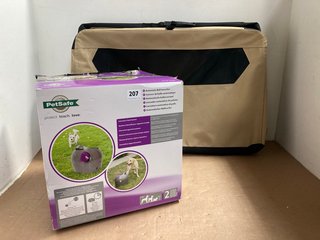 PETSAFE AUTOMATIC BALL LAUNCHER - MODEL PTY19-15850 - RRP £180 TO INCLUDE FOLDABLE SOFT DOG CRATE WITH FRONT AND TOP OPENING IN BEIGE: LOCATION - WA8