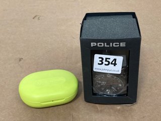 JLAB GO AIR SPORT EARBUDS IN NEON YELLOW TO INCLUDE POLICE CHRONOGRAPH WATCH WITH BLACK DIAL AND BLACK SILICONE STRAP - PEWJP2194701: LOCATION - A 12