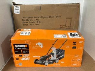 WORX 34CM CORDLESS LAWN MOWER - MODEL NO. WG779E.2 TO INCLUDE LUXURY RELAXER CHAIR IN BLACK: LOCATION - A 12