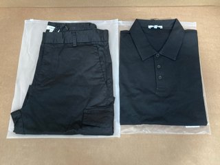 ARNE TAILORED COTTON CARGO SHORT IN BLACK - UK SIZE: MEDIUM TO INCLUDE ARNE SUPIMA COTTON BUTTON POLO SHIRT IN BLACK - UK SIZE: MEDIUM: LOCATION - A 7