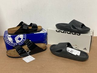 BIRKENSTOCK ARIZONA BLACK PATENT 2-STRAP SANDALS - UK SIZE: 7.5 TO INCLUDE ADIDAS ADICANE SLIDES IN BLACK - UK SIZE: 7: LOCATION - A 5