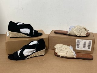 OFFICE SKYE CANVAS BOW SLIDERS IN OFF WHITE - UK SIZE: 5 TO INCLUDE EVERYDAY STRAPPY WEDGE SANDALS IN BLACK AND - UK SIZE: 5: LOCATION - A 5