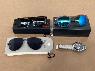 3 X ASSORTED SUNGLASSES TO INCLUDE HUGO HILFIGER WATCH WITH NAVY DIAL AND STAINLESS STEEL BRACELET: LOCATION - A 5