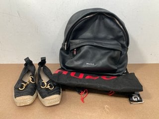 HUGO BOSS LEATHER BACKPACK IN BLACK TO INCLUDE LADIES MINT VELVET FLAT SHOES IN BLACK - UK SIZE 4: LOCATION - A 4