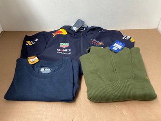 3 X ASSORTED MENS CLOTHING ITEMS TO INCLUDE REDBULL WATER RESISTANT JACKET IN NAVY -UK SIZE 2XL: LOCATION - A2