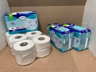 3 X 21 PACK TENA SLIP ACTIVE FIT ULTIMA ADULT NAPPIES TO INCLUDE 12 X ESSENTIALS JUMBO TOILET ROLLS: LOCATION - B1