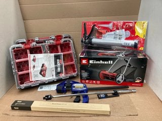 QTY OF ASSORTED HARDWARE ITEMS TO INCLUDE EINHELL CLASSIC MANUAL LAWN MOWER: LOCATION - B4