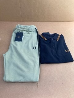 FRED PERRY TWIN TIPPED POLO SHIRT IN NAVY/CAMEL - UK SIZE S TO INCLUDE FRED PERRY EMBOSSED LAUREL TAPE SWEAT PANTS IN SEAGRASS- UK SIZE S: LOCATION - C15