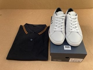 FRED PERRY TWIN TIPPED POLO SHIRT IN NAVY/CAMEL - UK SIZE XXL- RRP £75.00 TO INCLUDE FRED PERRY BASELINE PERF LEATHER TRAINERS IN WHITE- UK SIZE 6- RRP £80.00: LOCATION - C15