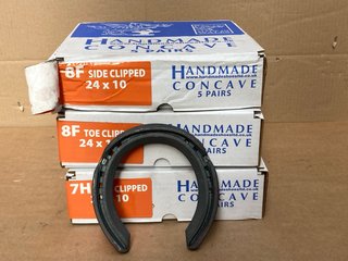 3 X BOXES OF ASSORTED HORSESHOES TO INCLUDE 8F SIDE CLIPPED 24 X 10 HANDMADE CONCAVE HORSESHOES: LOCATION - C13