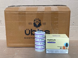 QTY OF UBBS BERRY NICOTINE POUCHES TO INCLUDE BOX OF MARYLIQ NIC SALTS IN PINEAPPLE FLAVOUR (PLEASE NOTE: 18+YEARS ONLY. ID MAY BE REQUIRED): LOCATION - C12