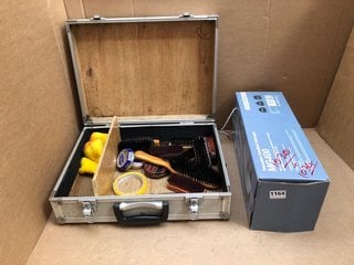 AN ALUMINIUM CASE CONTAINING VINTAGE SHOE SHINING EQUIPMENT. A 'SHINE BOX' TO INCLUDE PERCUSSION HANDHELD MASSAGER: LOCATION - AR12