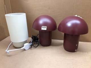 2 X JOHN LEWIS & PARTNERS MUSHROOM TOUCH LAMPS IN BURGUNDY TO INCLUDE JOHN LEWIS & PARTNERS SMALL SIDE TABLE LAMP IN BEIGE: LOCATION - BR2