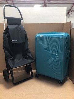 ROLSER PORTABLE SHOPPING CARRIER TO INCLUDE AMERICAN TOURISTER HARDSHELL MEDIUM SUITCASE IN BLUE: LOCATION - BR8