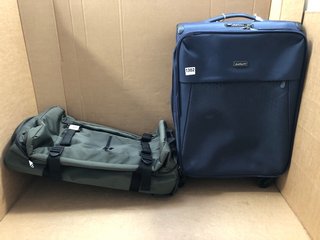 SMALL SECURE FABRIC DUFFLE/CASE IN KAHKI TO INCLUDE JOHN LEWIS & PARTNERS MEDIUM SOFT SHELL SUITCASE IN NAVY: LOCATION - BR9