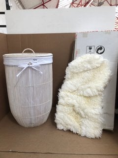 WICKER STYLE LAUNDRY BASKET IN WHITE TO INCLUDE WOODEN BATHROOM STORAGE UNIT: LOCATION - BR10