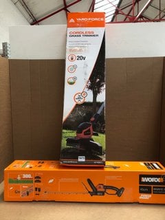 WORX WG261E.1 45CM CORDLESS HEDGE TRIMMER TO INCLUDE YARD FORCE LT C25W CORDLESS GRASS TRIMMER: LOCATION - BR20