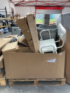 PALLET OF ASSORTED ITEMS TO INCLUDE GREY PLASTIC LAUNDRY BASKET & AIDAPT MALLING PERCHING STOOL: LOCATION - B2 (KERBSIDE PALLET DELIVERY)