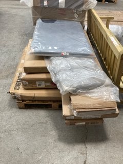 PALLET OF ASSORTED FLATPACK FURNITURE TO INCLUDE SMALL DOUBLE GREY VELVET HEADBOARD: LOCATION - B5 (KERBSIDE PALLET DELIVERY)