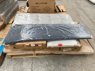 PALLET OF ASSORTED HOUSEHOLD FURNITURE ITEMS TO INCLUDE DOUBLE BED HEADBOARD IN GREY: LOCATION - A4 (KERBSIDE PALLET DELIVERY)