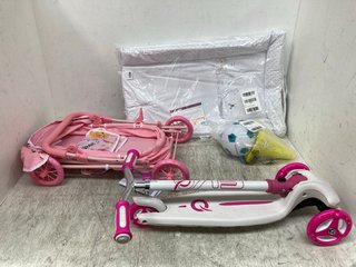 QTY OF ASSORTED CHILDRENS ITEMS TO INCLUDE FOOTBALL AND CONE PLAY SET , EVO METAL FRAME SCOOTER IN PINK AND WHITE: LOCATION - B12