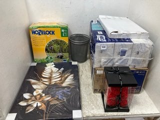 QTY OF ASSORTED HOUSEHOLD ITEMS TO INCLUDE HOZELOCK 60M HOSE CART & BOX OF TORK GREEN SINGLE FOLD HAND TOWELS: LOCATION - B6