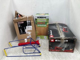 3 X ASSORTED OUTDOOR ITEMS TO INCLUDE RONSEAL PRECISION FINISH FENCE SPRAYER & EINHELL MANUAL LAWNMOWER , PRO - LIFT 6 TONNE JACK STAND: LOCATION - C8