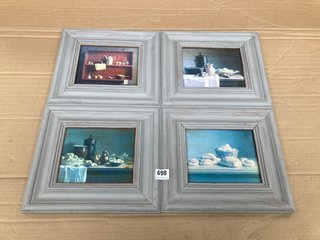 4 X ASSORTED VINTAGE KITCHEN PRINTED WOODEN FRAMED WALL HANGINGS IN DUSKY BLUE: LOCATION - C14