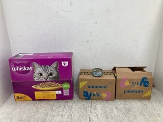 3 X ASSORTED PET FOOD ITEMS TO INCLUDE MULTIPACK OF WHISKAS POULTRY FEAST WET CAT FOOD POUCHES BB: 04/26: LOCATION - D17