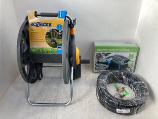 4 X ASSORTED GARDEN ITEMS TO INCLUDE HOZELOCK PLUS 90M HOSE CART AND POND XPERT ULTRA FLOW 12000 PUMP: LOCATION - D16