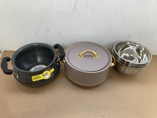 QTY OF ASSORTED KITCHEN ITEMS TO INCLUDE QTY OF BLACK CHEF STAINLESS STEEL COOKING POTS: LOCATION - D6