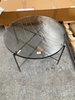 NKUKU ALUVA GLASS COFFEE TABLE IN CLEAR AND ANTIQUE BRASS FINISH - RRP £495: LOCATION - B3