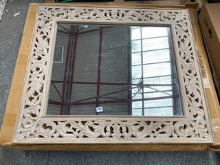 URBAN DECO HAND CARVED LARGE WALL MIRROR IN WHITE WASHED HAND CARVED WOOD FRAME: LOCATION - C4