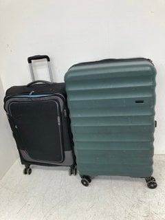 ANTLER LARGE HARDSHELL SUITCASE IN GREEN TO INCLUDE AMERICAN TOURISTER MEDIUM SOFT SHELL SUITCASE IN BLACK: LOCATION - BR2