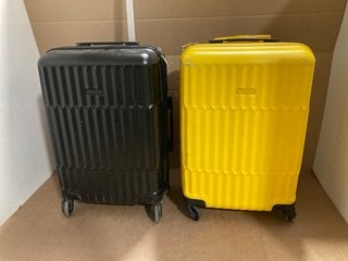 2 X JOHN LEWIS & PARTNERS HARD SHELL 4-WHEEL CABIN BAGS IN YELLOW AND BLACK: LOCATION - BR18