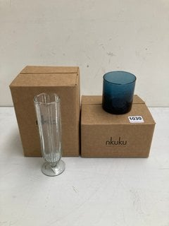 BOX OF 4 NKUKU YALA TUMBLERS IN INDIGO TO ALSO INCLUDE BOX OF 4 NKUKU SIGIRI CHAMPAGNE CLEAR GLASSES - COMBINED RRP £90.00: LOCATION - BR2