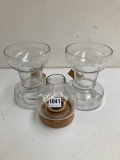 2 X NKUKU HAPUA SMALL GLASS CANDLE HOLDERS TO ALSO INCLUDE NKUKU NARYLA SMALL MANGO WOOD & GLASS LANTERN - COMBINED RRP £128.00: LOCATION - BR3