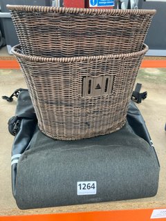 QTY OF ASSORTED ITEMS TO INCLUDE FRONT MOUNTED CYCLE BASKETS IN DARK BROWN RATTAN: LOCATION - CR6