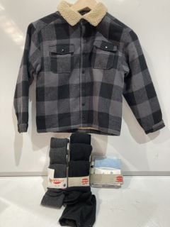 QTY OF ASSORTED CLOTHING TO INCLUDE JOHN LEWIS BLACK/GREY BUFLO COAT AGE 8 YEARS TOTAL RRP £98