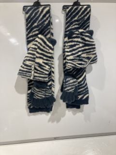 QTY OF ASSORTED CLOTHING INCLUDING JOHN LEWIS ZEBRA SET GLOVES BEANIE SCARF BLUE/WHITE 6-8 YEARS TOTAL RRP £187