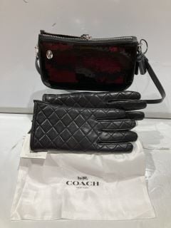 QTY OF ASSORTED ITEMS TO INCLUDE SEARLING LINED LEATHER GLOVES S RRP £65 AND COACH SEQUIN PENN SHOULDER BAG RRP £175