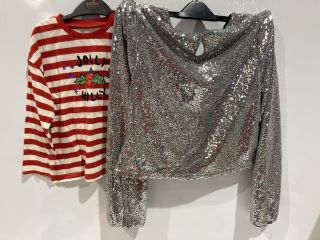 QTY OF JOHN LEWIS SILVER SEQUIN TOP 14YR AND PJ SANTA FAN TOP 5YR TOTAL RRP £90