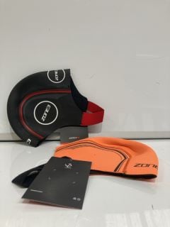 BOX OF ASSORTED ITEMS TO INC ZONE3 NEOPRENE SWIM HAT BLACK/RED SIZE S RRP £60