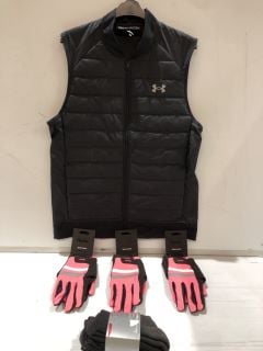 BOX OF ASSORTED ITEMS TO INC UNDER ARMOUR MENS GILET BODY WARMER SIZE M TOTAL RRP £120