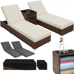 TECTAKE RATTAN SUN LOUNGER SET WITH SIDE TABLE AND PROTECTIVE COVERS BROWN/BEIGE 403088 RRP £299