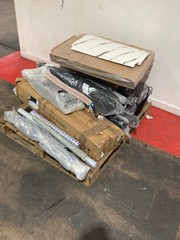 PALLET OF ASSORTED ITEMS TO INCLUDE MARBLE PLASTIC STICKERS, BATHROOM TOILET BRUSH,GREY MARBLE VINYL, RADIATOR BRUSH